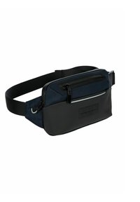 Marsupio blu navy e nero con una texture liscia, con tasca frontale con cerniera, tracolla regolabile e dettaglio logo sul lato.