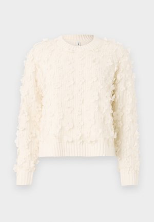 Cremfarbener Pullover mit gerippter Textur, verziert mit Blumenapplikationen. Hat einen Rundhalsausschnitt und enganliegende Bündchen.