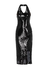 Czarna wieczorowa sukienka z cekinami, z dekoltem na halter i dopasowaną sylwetką, z bocznym rozcięciem i błyszczącą teksturą w całej długości.