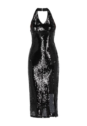 Schwarzes Paillettenkleid für den Abend mit einem Halterneck und einer figurbetonten Silhouette, das einen seitlichen Schlitz und eine glänzende Textur aufweist.