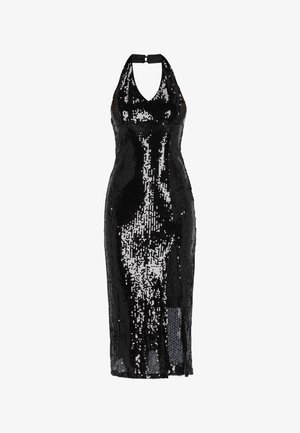 Black sequin evening dress with a halter neck and a fitted silhouette, featuring a side slit and shiny texture throughout.