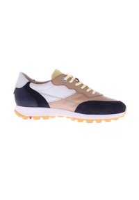 Sneaker with a combination of tan, white, and navy suede and leather. Features a yellow accent on laces, textured sole, and logo detail.