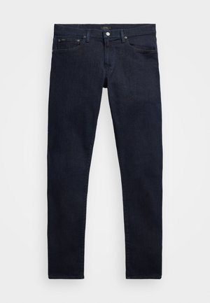 Dark blue slim-fit jeans with button and zipper closure, belt loops, front and back pockets, laid flat on a white background.