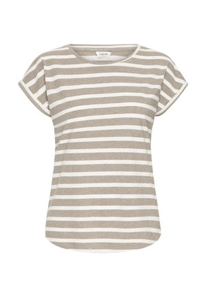Beige en wit horizontaal gestreept casual t-shirt met korte mouwen, een ronde halslijn en omgeslagen mouwboorden.