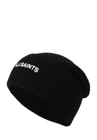 Beanie nero a coste realizzato in morbido tessuto, con risvolto e logo ricamato bianco "ALLSAINTS" sulla parte frontale.