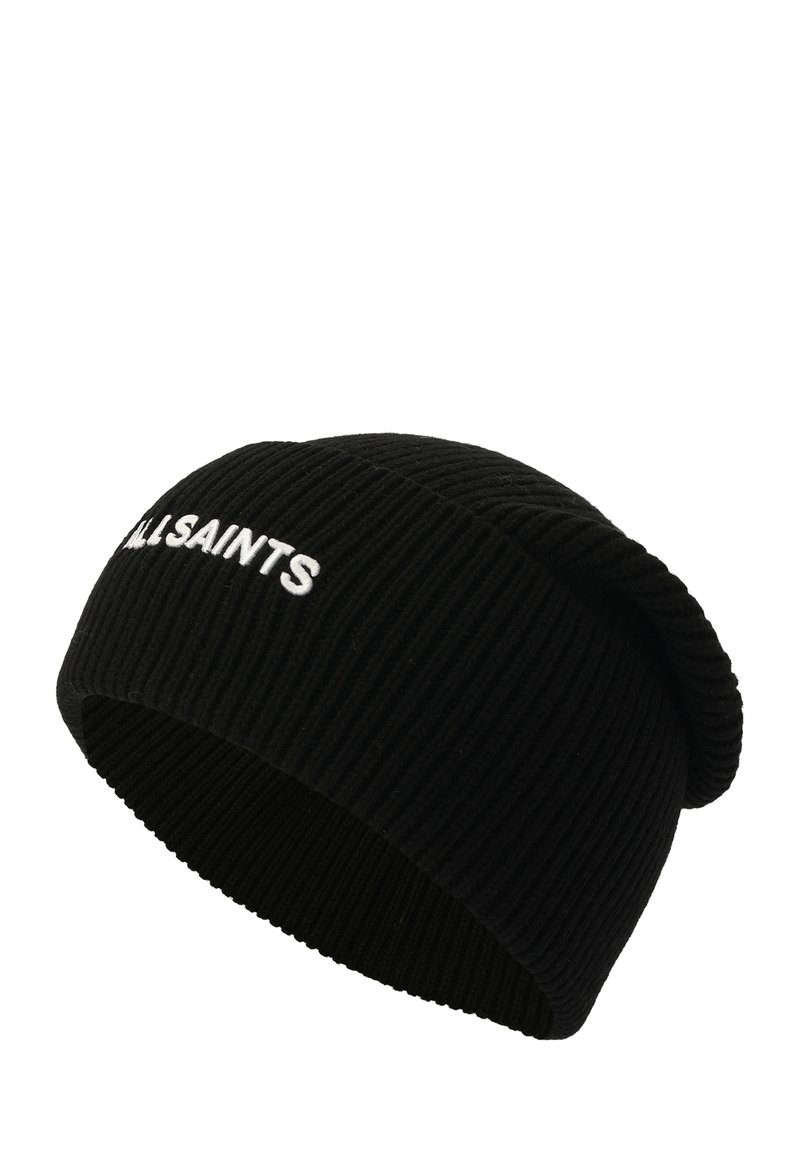 Beanie nero a coste realizzato in morbido tessuto, con risvolto e logo ricamato bianco "ALLSAINTS" sulla parte frontale.