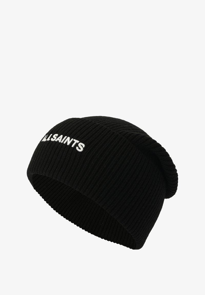 Black ribbed beanie made of soft fabric, featuring a folded cuff and white embroidered "ALLSAINTS" logo on the front.