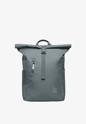 Gray roll-top backpack made of durable material, featuring a front zipper pocket, adjustable strap, and logo on the side.