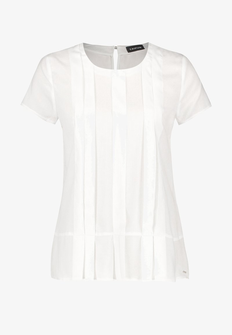 Blouse blanche à manches courtes avec plis verticaux sur le devant, col rond et petite fermeture à bouton dans le dos.