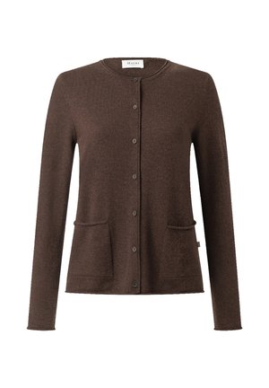 Brun cardigan med knapper, lange ærmer, rund halsudskæring, to forlommer og blødt tekstureret stof.