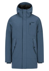 Veste imperméable bleue avec un col haut, fermeture éclair à l'avant, deux poches latérales et une poche sur la poitrine. Présente des accents noirs et une texture lisse.