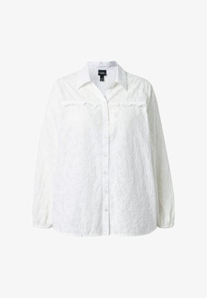 Biała koszula z długim rękawem zapinana na guziki, z kwiatowym koronkowym wzorem, kołnierzykiem i elastycznymi mankietami.