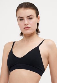 Black bralette with a triangular cup design, made from smooth fabric. Features a wide, textured band with the brand name. Adjustable thin straps.