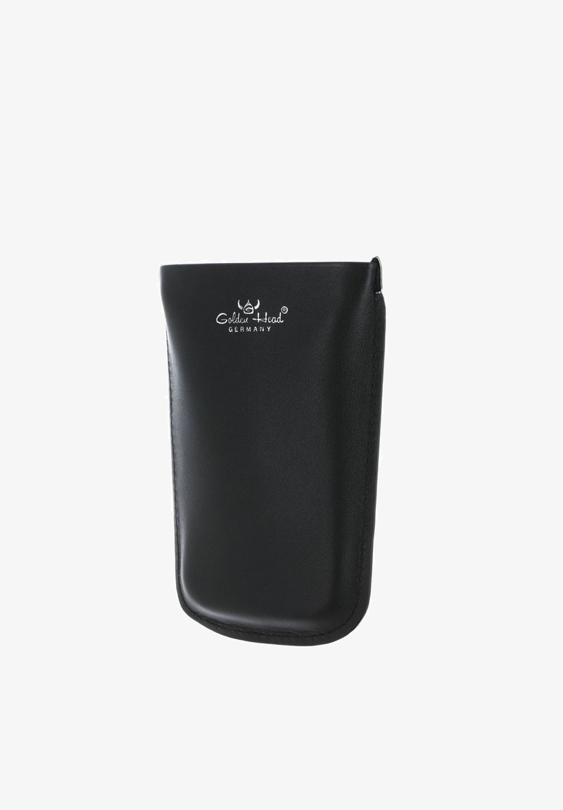 Pochette en cuir noir avec le logo "Golden Head Germany" embossé en blanc près du centre supérieur, conçue pour contenir de petits objets.