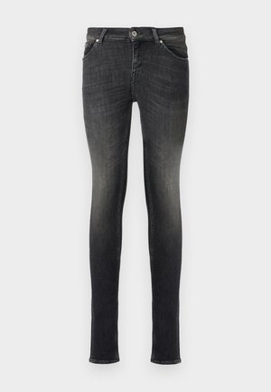 Mörk tvättade skinny jeans med en bleknad gradient, som har fem fickor, knäppning och sömnadsdetaljer längs sömmen.