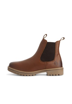 Bottine Chelsea en cuir marron avec languettes, panneaux élastiques sur les côtés et une semelle en caoutchouc beige robuste, présentée de profil sur un fond blanc.