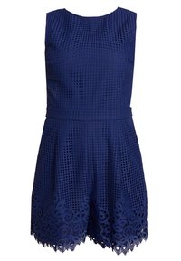 Bezramínková tmavě modrá šaty s texturovanou látkou s mřížkovým vzorem a květinovým krajkovým lemem, přiléhavý pas a kulatý výstřih.