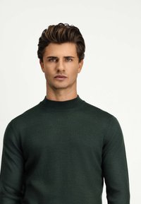 Dunkelgrüner, langärmeliger Pullover mit einem gerippten Rundhalsausschnitt. Das Material wirkt glatt, mit einer figurbetonten Silhouette. Keine sichtbaren Muster oder Akzente.