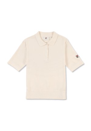 Paita polo hihaton värissä kerma, valmistettu teksturoidusta kankaasta, jossa on kaulus, kolmen napin listakuvio ja logopatchi hihassa.