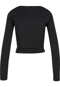 Svart, langermet cropped topp laget av et teksturert stoff med en lett glans. Har en utringet hals og en tettsittende silhuett.