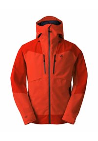 Rote wasserdichte Jacke mit hohem Kragen, verstellbarem Kapuze und Reißverschlusstaschen. Mit kontrastierenden Einsätzen und schwarzen Reißverschlüssen.