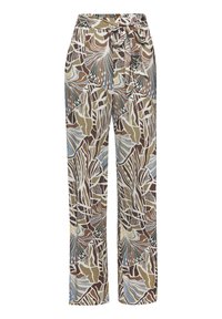 Patterned wide-leg trousers featuring a mix of green, brown, and blue colors, with a fabric tie belt and a soft, textured finish.