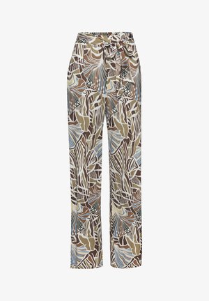 Geprinte wijde broek met een mix van groen, bruin en blauw, voorzien van een stoffen riem en een zachte, gestructureerde afwerking.