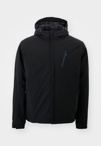 Veste noire imperméable avec capuche, présentant des zips bleus, un design élégant, un tissu texturé et des poches latérales.