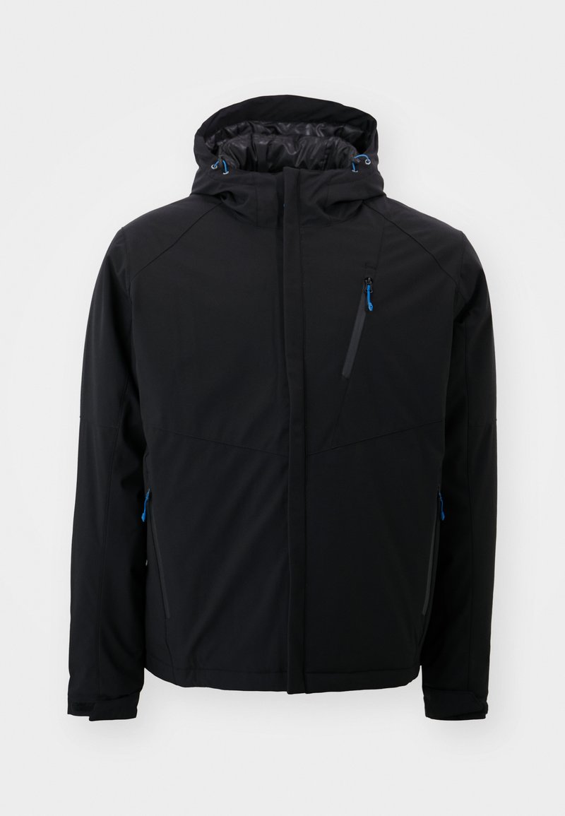 Veste noire imperméable avec capuche, présentant des zips bleus, un design élégant, un tissu texturé et des poches latérales.