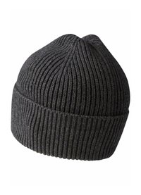 Graue Strickmütze mit strukturiertem Rippmuster, umgeschlagenem Bündchen und runder Oberseite. Hergestellt aus weichem, warmem Material.