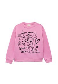 Roze sweatshirt met zwarte bedrukte tekst en tekeningen, waaronder harten, sterren en een berenillustratie. Gezellige, katoenmix stof.