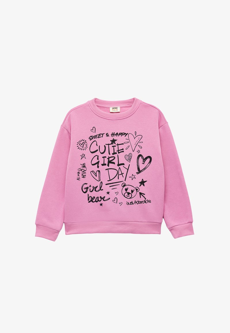 Roze sweatshirt met zwarte bedrukte tekst en tekeningen, waaronder harten, sterren en een berenillustratie. Gezellige, katoenmix stof.
