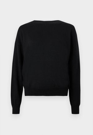 Mustast venivast materjalist pikkade varrukatega kampsun, millel on ümar kaelus ja soonilised varrukaotsad ning alumine äär, esitatud tagant vaates heleda halli tausta ees.