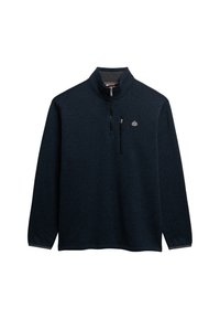 Marineblaue Fleece-Pullover mit einem Viertelreißverschluss, hohem Kragen und einer Reißverschlusstasche auf der Brust. Glatte Textur mit subtil gemustertem Melange-Dessin und Logoplatzierung.