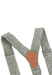 Grau gewebte Hosenträger mit Lederakzenten und Metallclips, ausgestattet mit einer strukturierten Oberfläche und einem verstellbaren Design.