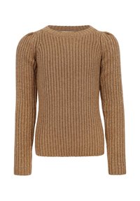 Bruine geribbelde gebreide trui met lange mouwen, ronde halslijn en subtiele metallic accenten door de stof heen.