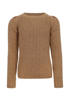 Bruine geribbelde gebreide trui met lange mouwen, ronde halslijn en subtiele metallic accenten door de stof heen.