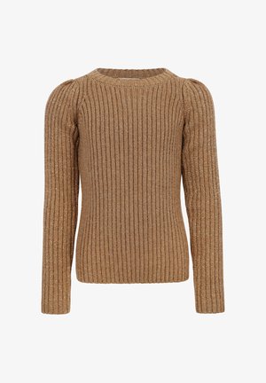 Bruine geribbelde gebreide trui met lange mouwen, ronde halslijn en subtiele metallic accenten door de stof heen.
