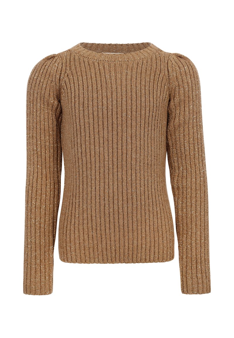 Bruine geribbelde gebreide trui met lange mouwen, ronde halslijn en subtiele metallic accenten door de stof heen.