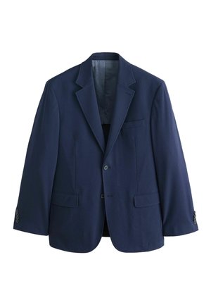 Navy blue men's blazer with notch lapels, two front buttons, flap pockets, and buttoned cuffs, displayed on a white background.