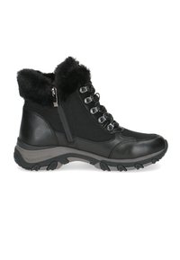Černé kožené kotníkové boty s podšívkou z umělé kožešiny, šněrovacím designem, bočním zipem a robustní podrážkou pro lepší trakci.