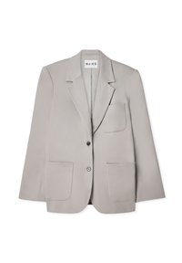 Light grey blazer made of textured fabric, featuring notched lapels, two front pockets, a single-button closure, and a casual fit.