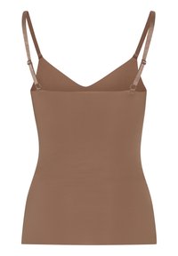 Canotta marrone aderente con spalline sottili regolabili e scollatura a V. Tessuto liscio e elastico con un design senza cuciture.