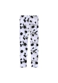 Leggings z motivom panda, izdelane iz raztegljivega blaga, predvsem bele barve z črnimi akcenti, ki prikazujejo obraze pand v ponavljajočem se vzorcu.