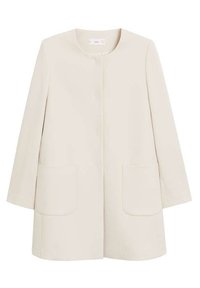 Abrigo beige claro con un escote redondo, mangas largas y dos bolsillos frontales tipo parche. Tejido suave con un diseño minimalista y sin cierres visibles.