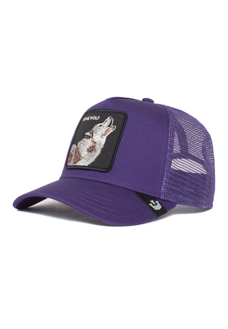 Cappello viola con un pannello frontale solido e lati in rete. Presenta una grafica di un lupo ricamata e il testo "LONE WOLF" su una toppa nera.