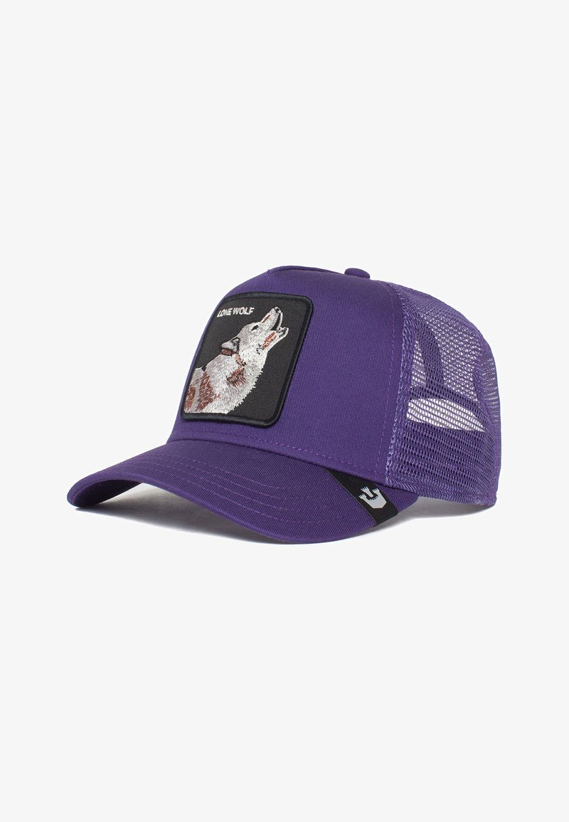 Cappello viola con un pannello frontale solido e lati in rete. Presenta una grafica di un lupo ricamata e il testo "LONE WOLF" su una toppa nera.