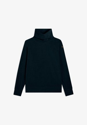 Maglione a collo alto di un blu navy scuro con una vestibilità rilassata, maniche lunghe e una texture morbida. Presenta un accento con logo sulla spalla sinistra.