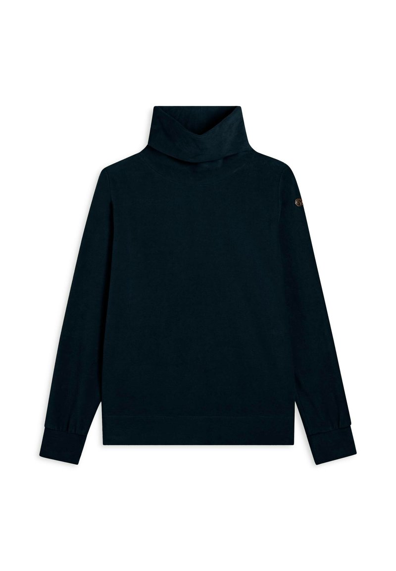 Suéter de cuello alto azul marino oscuro con un corte relajado, mangas largas y una textura suave. Presenta un acento de logo en el hombro izquierdo.