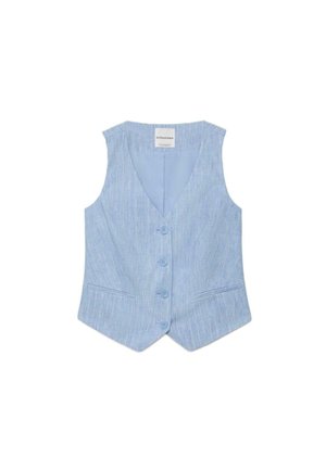 Svijetloplavi prsluk bez rukava s V-izrezom, četiri prednja gumba i dva mala prednja džepa.